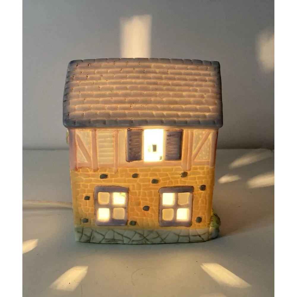 Lighthouse Cobblestone Home Village House 4” x 5” Vintage Light-Up Decor Shelf